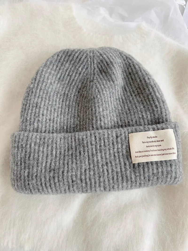 Chunky Oversized Wool Beanie – Wool Polyester Blend Korean Aesthetic Knit Hat for Women
