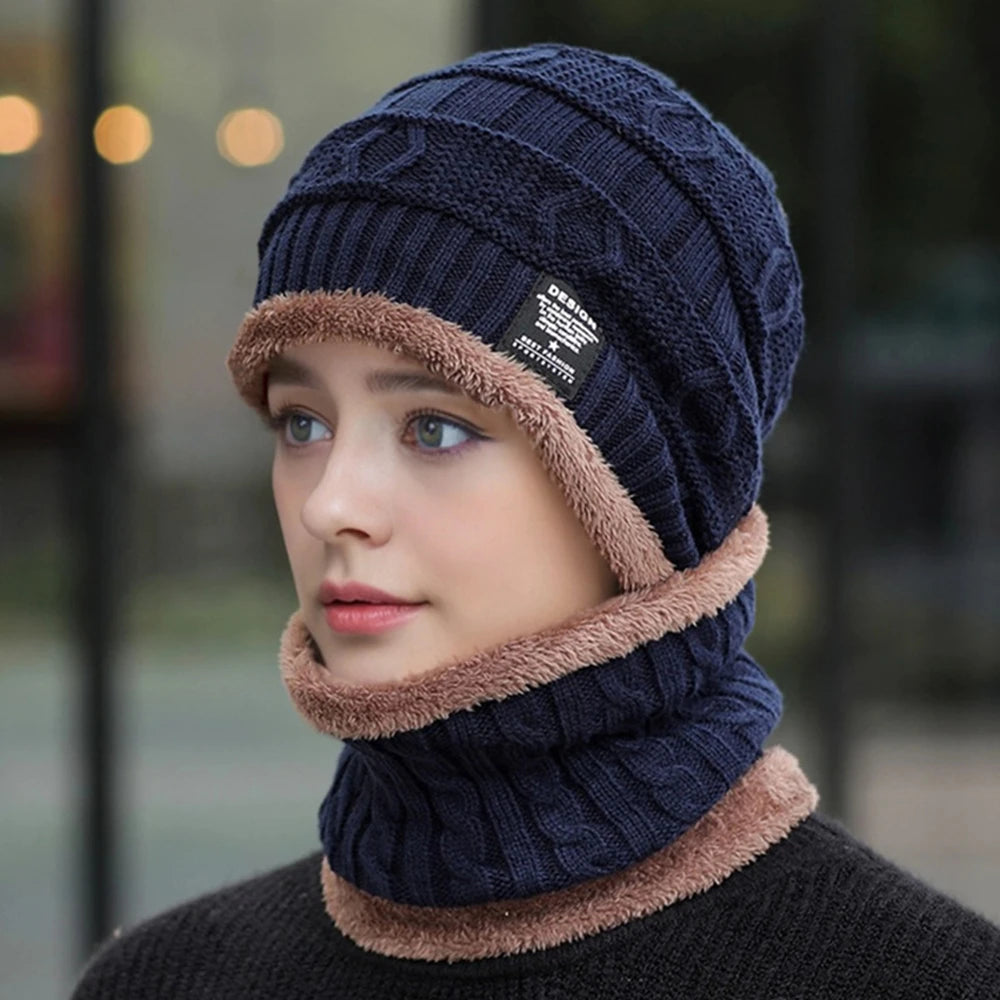 Plush Lined Beanie & Scarf Set – Thick Knit Winter Hat & Scarf for Men & Women