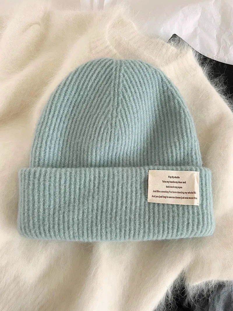 Chunky Oversized Wool Beanie – Wool Polyester Blend Korean Aesthetic Knit Hat for Women