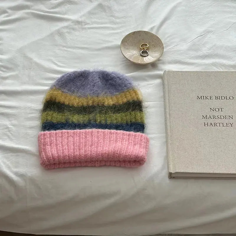 Rainbow Striped Beanie & Scarf Set – Wool Blend Winter Accessories for Men & Women