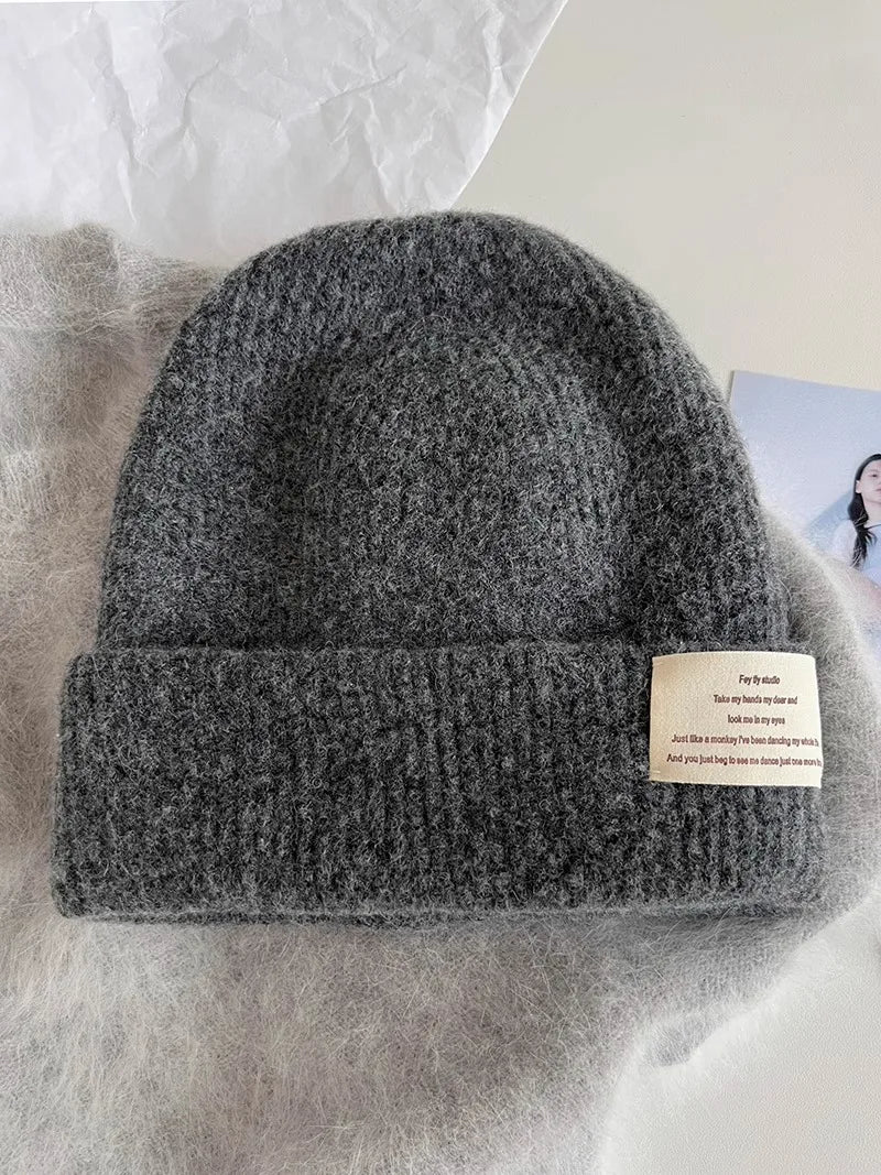 Chunky Oversized Wool Beanie – Wool Polyester Blend Korean Aesthetic Knit Hat for Women