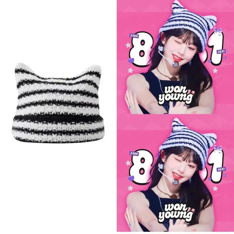 Harajuku Cat Ear Beanie – Japanese Streetwear Striped Knit Hat for Women