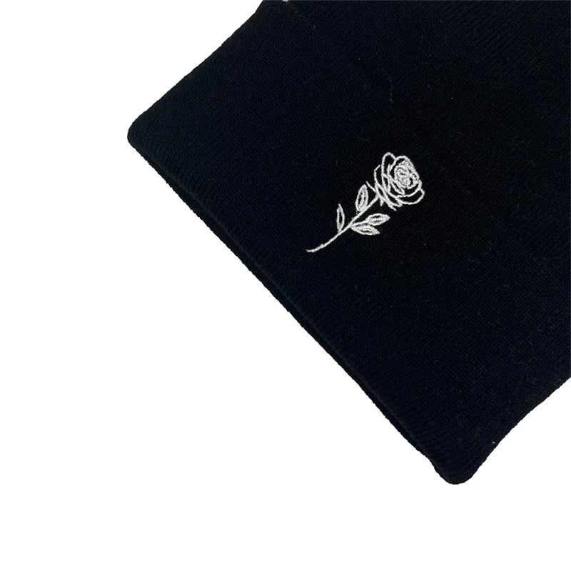 Rose Floral Embroidered Beanie – Elegant Knit Winter Hat for Couples & Women