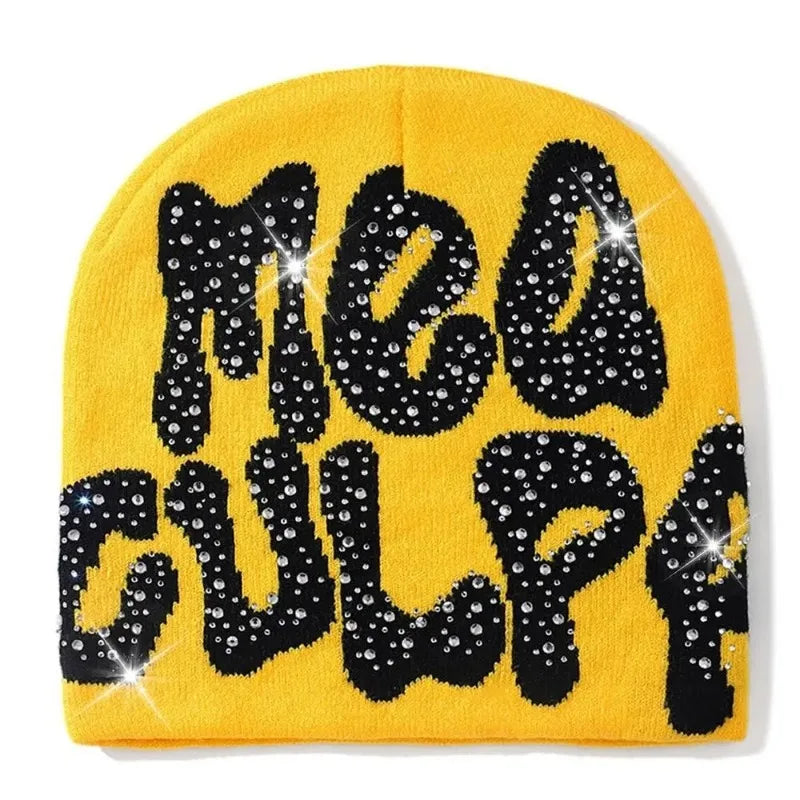 Mea Culpa Rhinestone Beanie – Y2K Hip-Hop Knit Hat for Men & Women