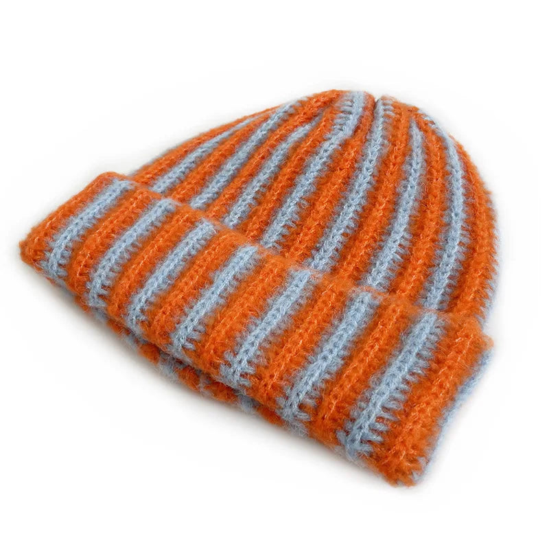 Korean Feather Yarn Striped Beanie – Soft Knit Winter Hat for Women & Men