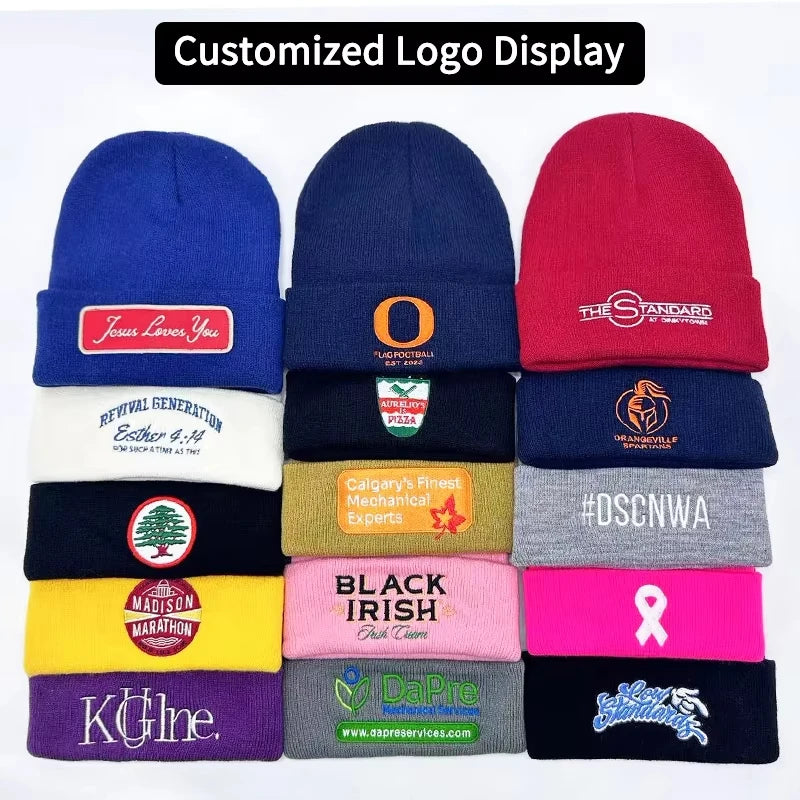 Custom Print Logo Beanie – Personalised Acrylic Geometric Knit Hat for Men & Women