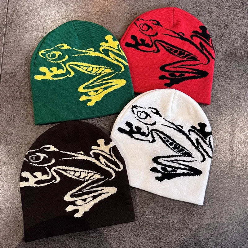Tree Frog Print Beanie – Stretchy Knit Hat for Outdoor Sports & Streetwear