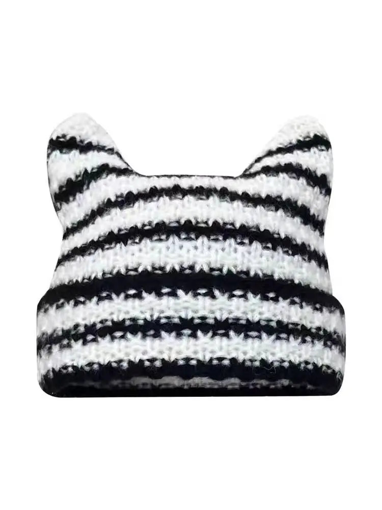 Harajuku Cat Ear Beanie – Japanese Streetwear Striped Knit Hat for Women