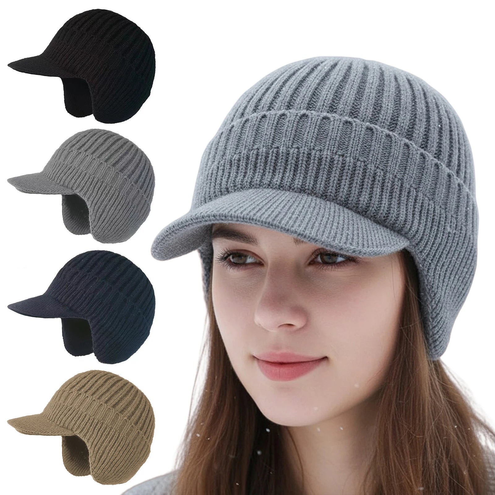 Fleece-Lined Earflap Beanie – Plush Knit Winter Hat with Visor for Men & Women