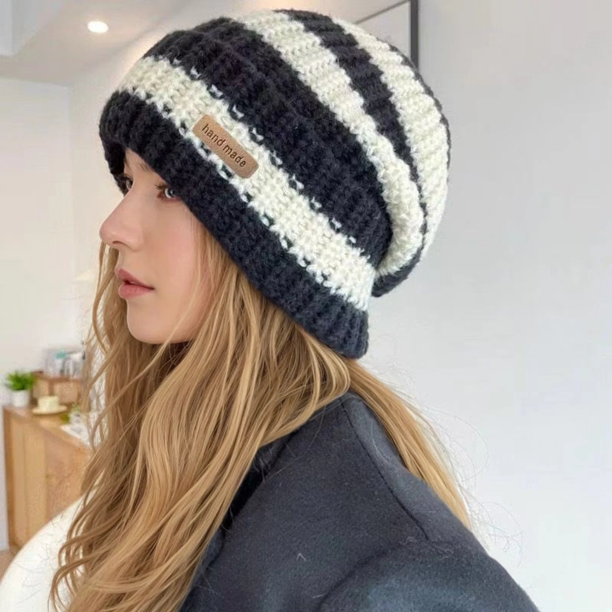 Slouchy Stripe Knit Beanie – Relaxed Streetwear Winter Hat for Women & Men