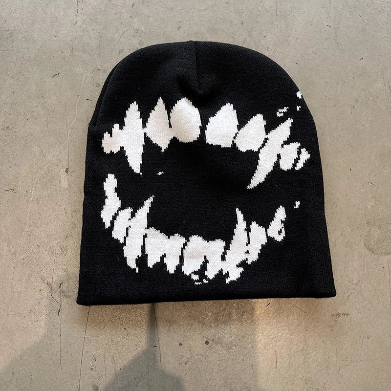 Y2K Goth Tooth Beanie – Dark Streetwear Knit Hat for Women & Men