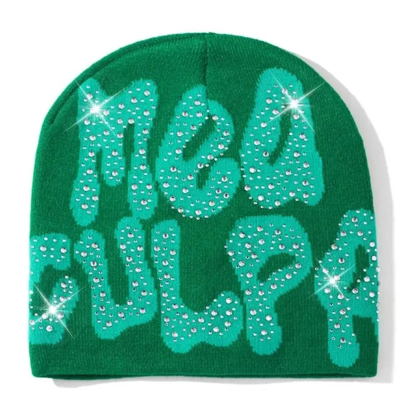 Mea Culpa Rhinestone Beanie – Y2K Hip-Hop Knit Hat for Men & Women