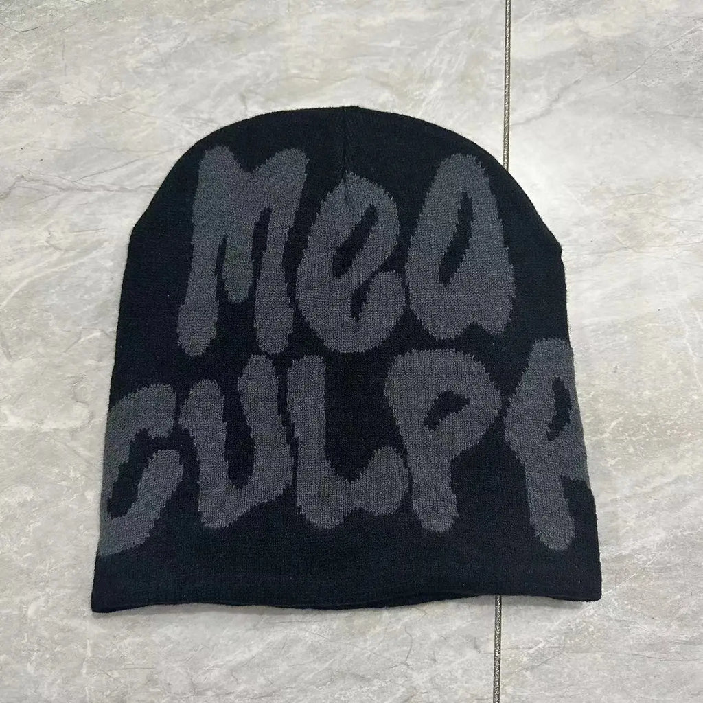 Mea Culpa Y2K Kpop Beanie – Letter Knit Cap for Women