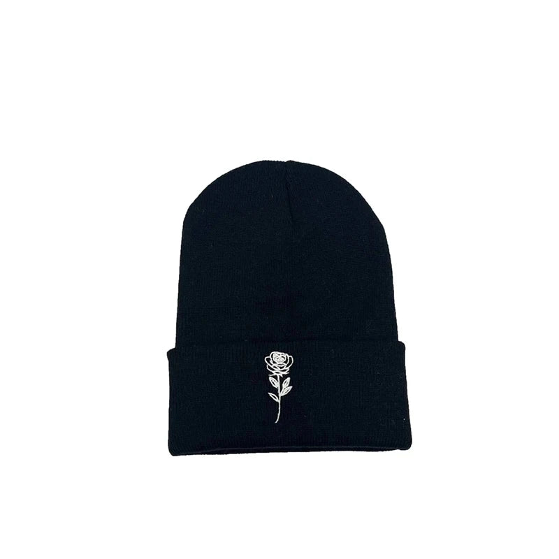 Rose Floral Embroidered Beanie – Elegant Knit Winter Hat for Couples & Women