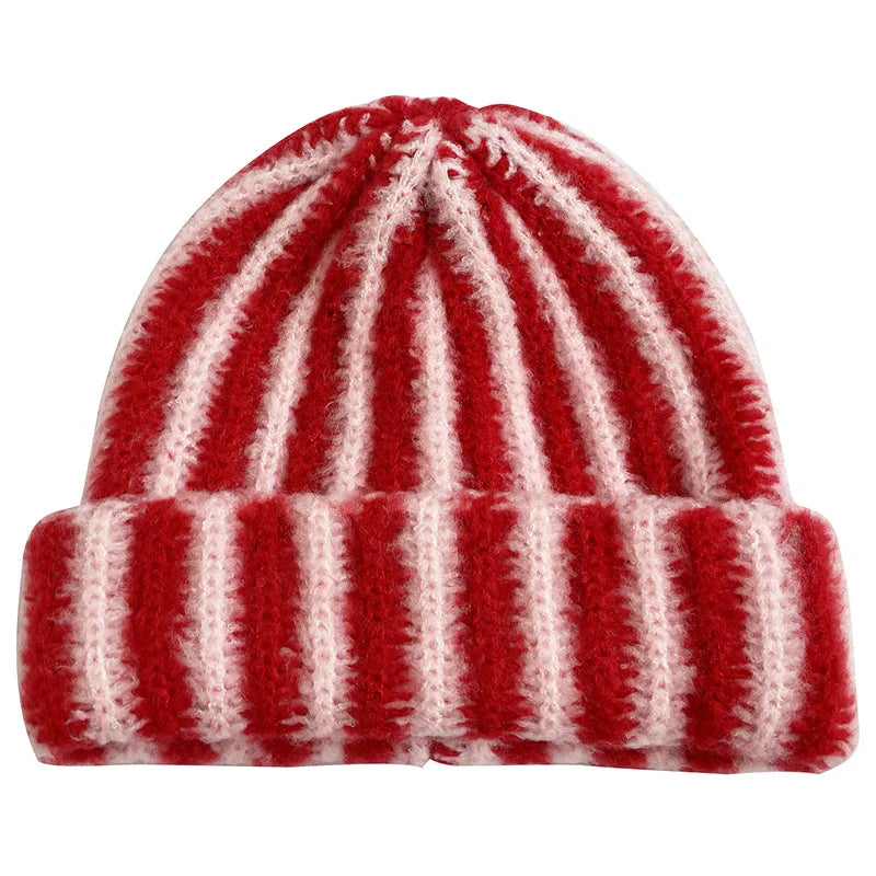 Korean Feather Yarn Striped Beanie – Soft Knit Winter Hat for Women & Men
