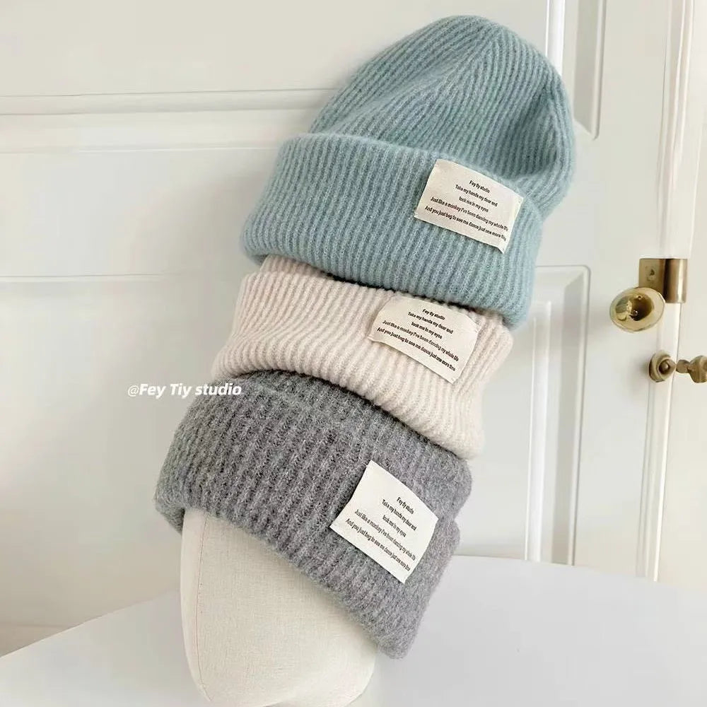 Chunky Oversized Wool Beanie – Wool Polyester Blend Korean Aesthetic Knit Hat for Women