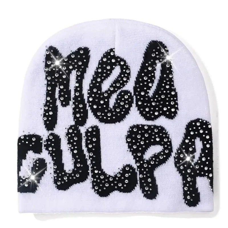 Mea Culpa Rhinestone Beanie – Y2K Hip-Hop Knit Hat for Men & Women