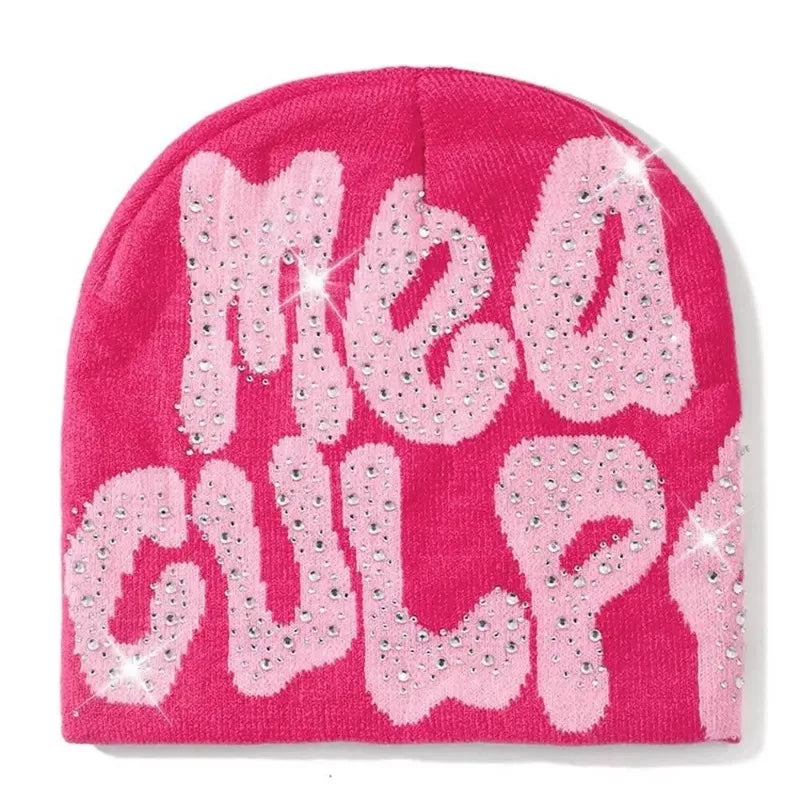 Mea Culpa Rhinestone Beanie – Y2K Hip-Hop Knit Hat for Men & Women