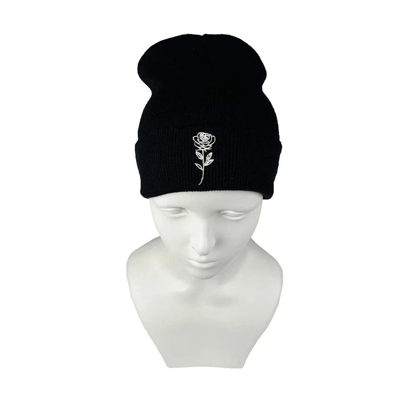 Rose Floral Embroidered Beanie – Elegant Knit Winter Hat for Couples & Women