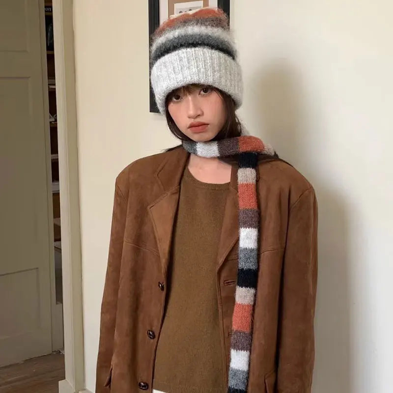 Rainbow Striped Beanie & Scarf Set – Wool Blend Winter Accessories for Men & Women