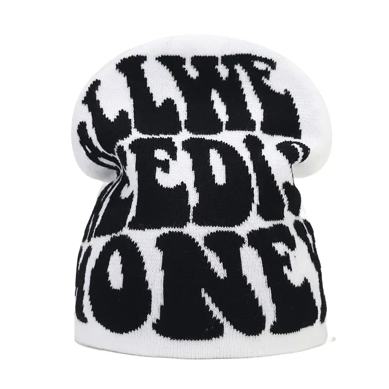 Y2K Letter Cargo Beanie – Polyester Knit Skull Cap for Men & Women
