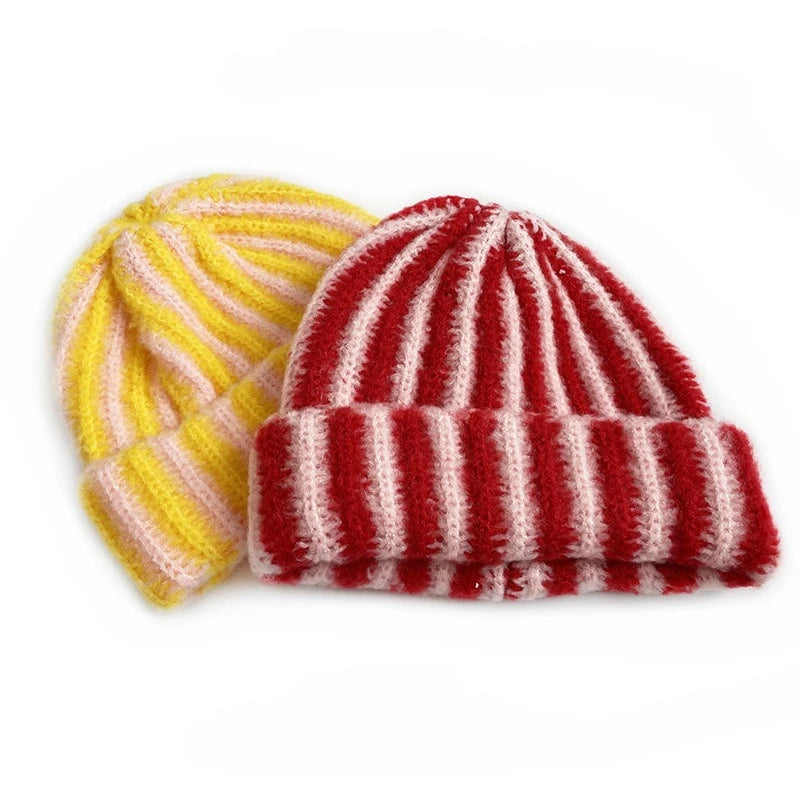 Korean Feather Yarn Striped Beanie – Soft Knit Winter Hat for Women & Men