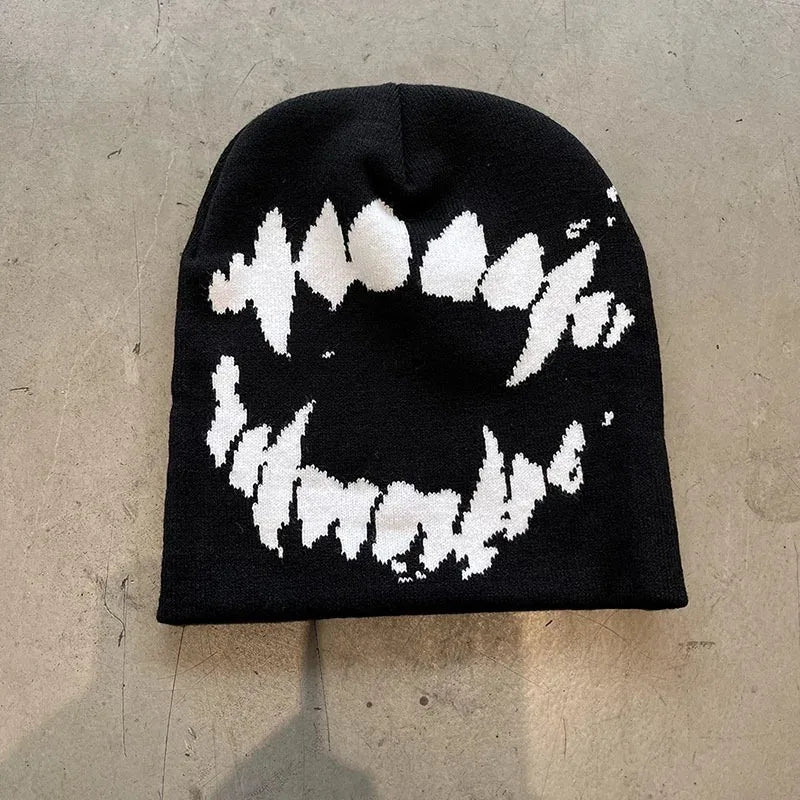 Gothic Streetwear Beanie – Dark Bold Knit Winter Hat for Men & Women