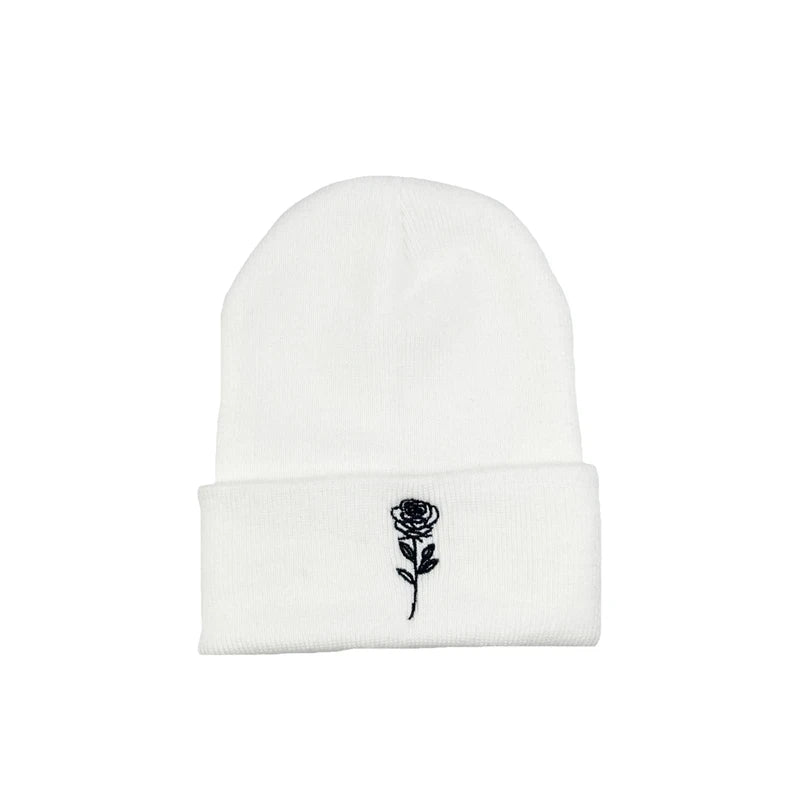 Rose Floral Embroidered Beanie – Elegant Knit Winter Hat for Couples & Women