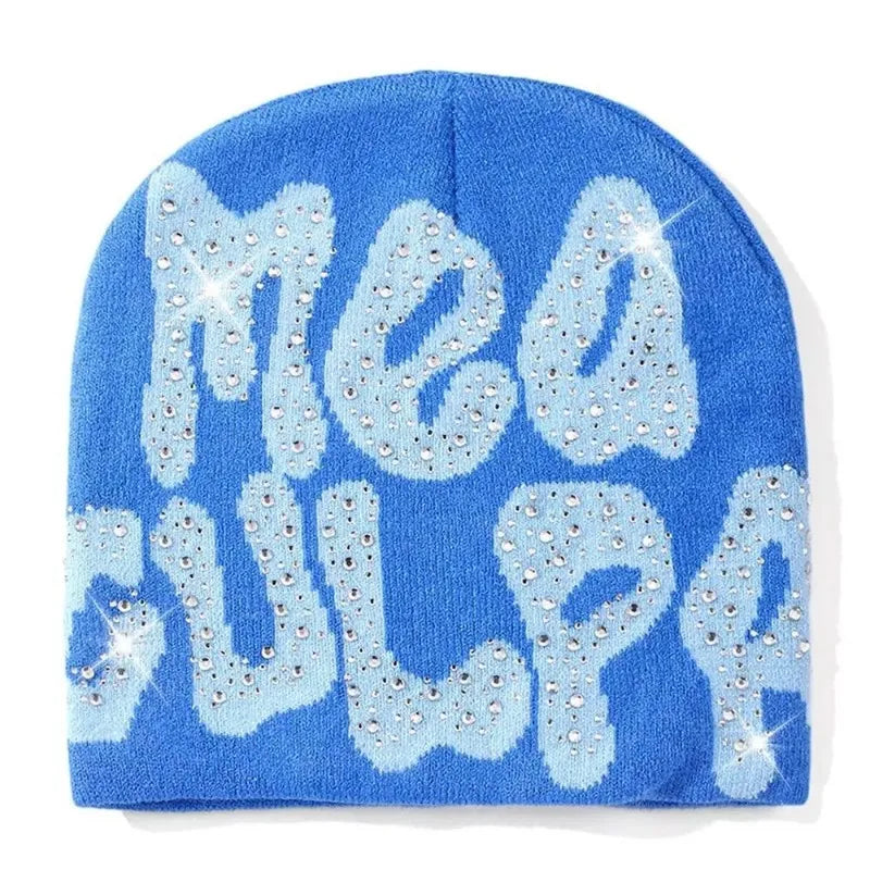 Mea Culpa Rhinestone Beanie – Y2K Hip-Hop Knit Hat for Men & Women