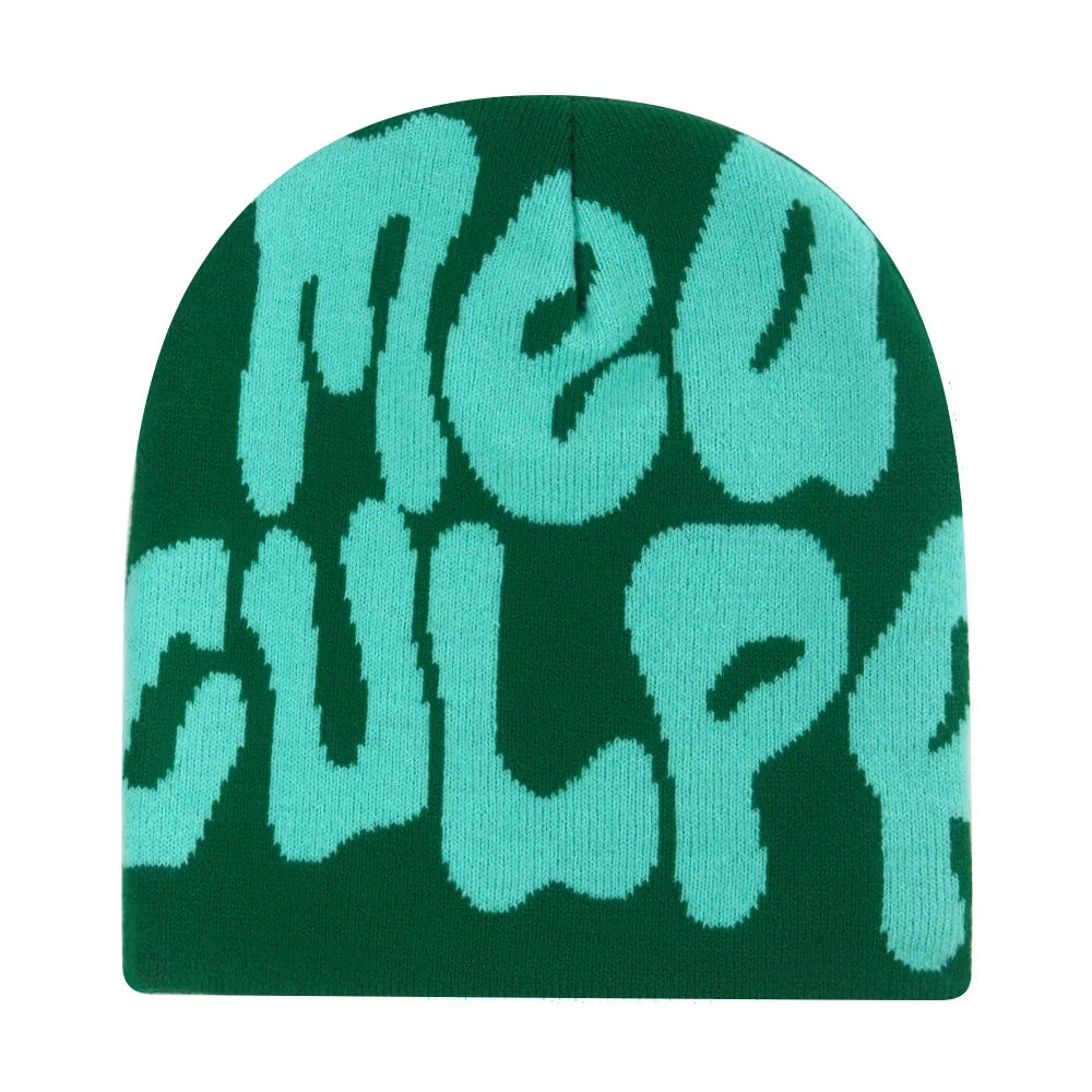 Y2K Hip Hop Beanie – Acrylic Print Knit Hat for Men & Women