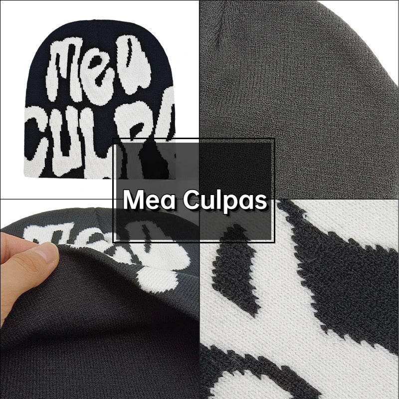 Mea Culpa Y2K Kpop Beanie – Letter Knit Cap for Women