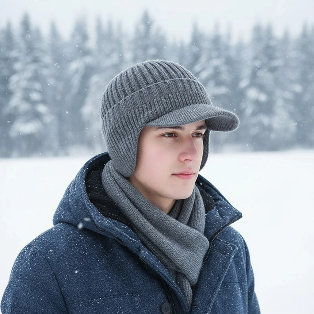 Fleece-Lined Earflap Beanie – Plush Knit Winter Hat with Visor for Men & Women