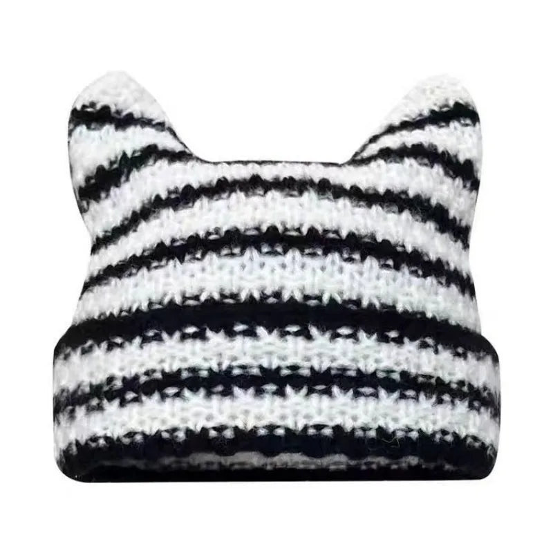 Harajuku Cat Ear Beanie – Japanese Streetwear Striped Knit Hat for Women