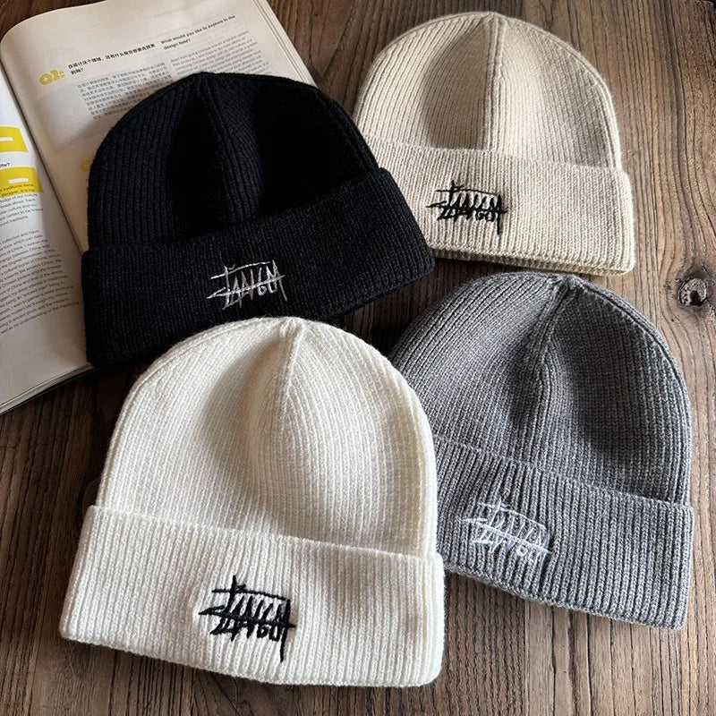 Embroidered Letter Beanie – Soft Acrylic Knit Winter Hat for Men & Women