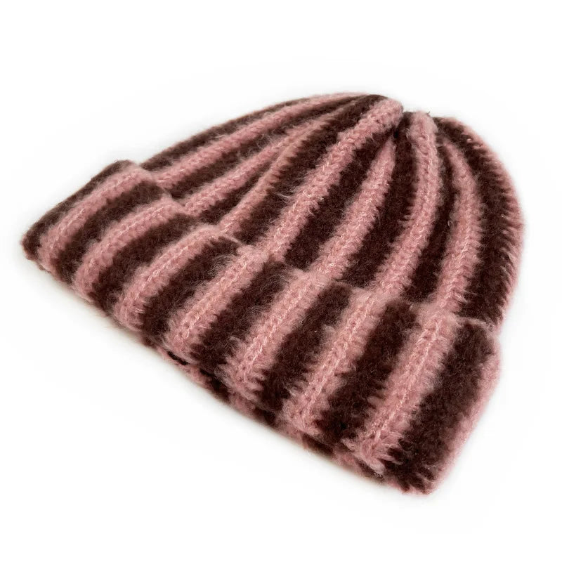 Korean Feather Yarn Striped Beanie – Soft Knit Winter Hat for Women & Men
