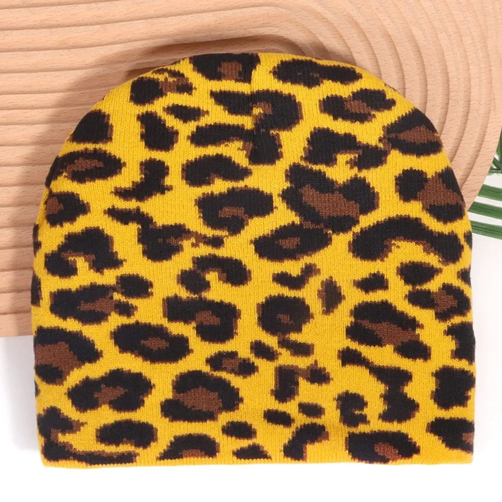 Leopard Print Knit Beanie – Animal Print Acrylic Hat for Men & Women