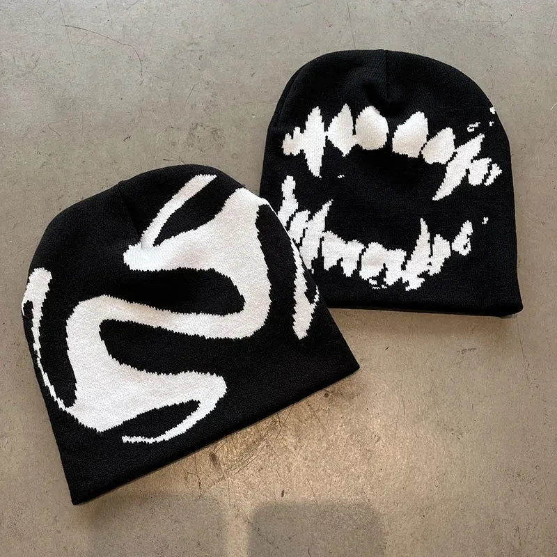 Gothic Streetwear Beanie – Dark Bold Knit Winter Hat for Men & Women
