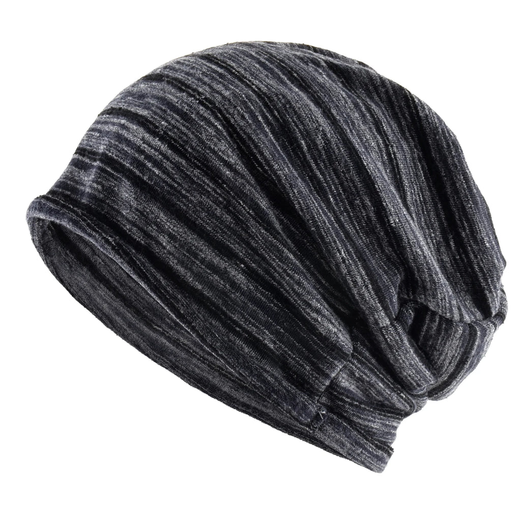Striped Slouch Beanie – Polyester Viscose Knit Slouchy Hat for Men & Women