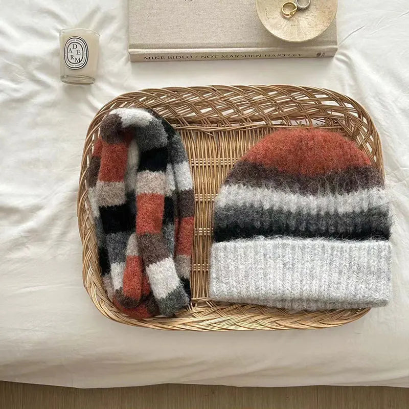 Rainbow Striped Beanie & Scarf Set – Wool Blend Winter Accessories for Men & Women