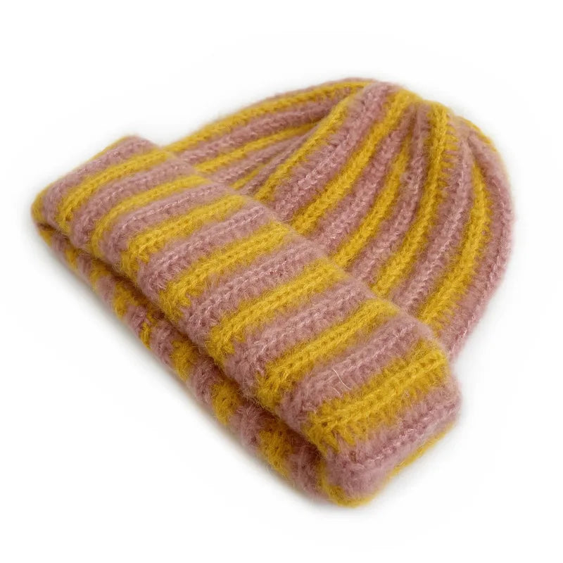 Korean Feather Yarn Striped Beanie – Soft Knit Winter Hat for Women & Men