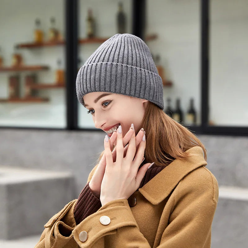 Warm Knitted Winter Hat – Windproof Cotton Ski Beanie for Women