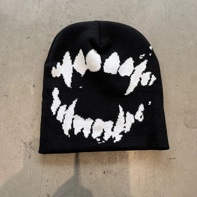 Gothic Streetwear Beanie – Dark Bold Knit Winter Hat for Men & Women