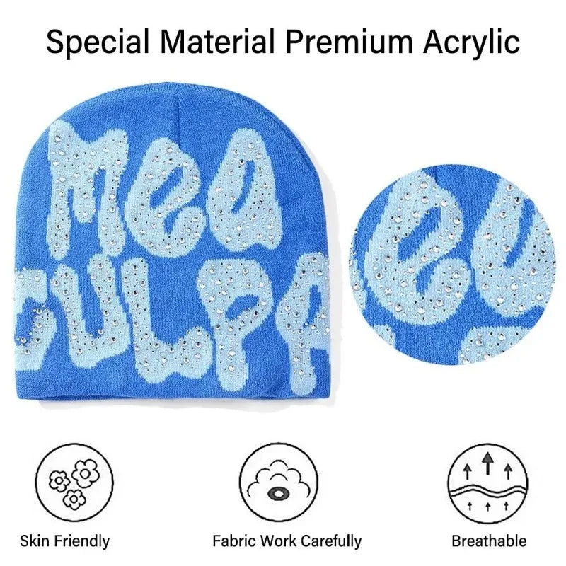 Mea Culpa Rhinestone Beanie – Y2K Hip-Hop Knit Hat for Men & Women