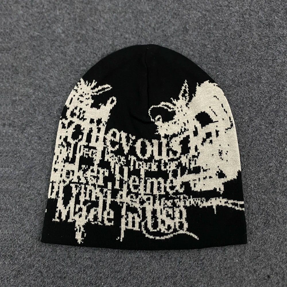Gothic Dragon Print Beanie – Black Y2K Punk Streetwear Knit Hat