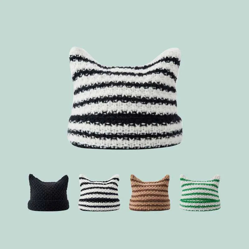 Cat Ear Stripe Knit Beanie – Playful Striped Winter Hat for Women & Girls