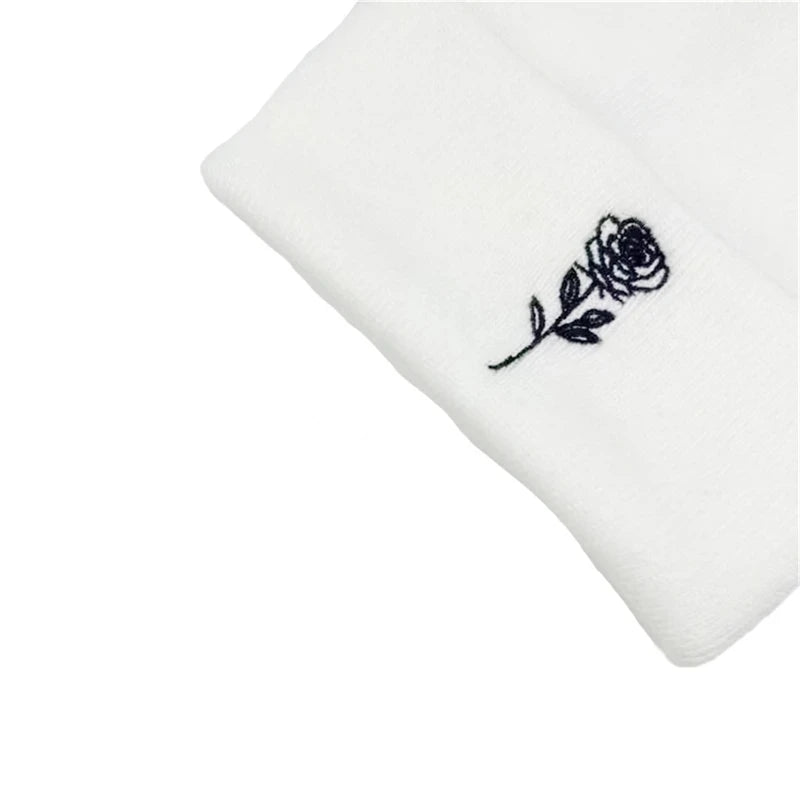 Rose Floral Embroidered Beanie – Elegant Knit Winter Hat for Couples & Women