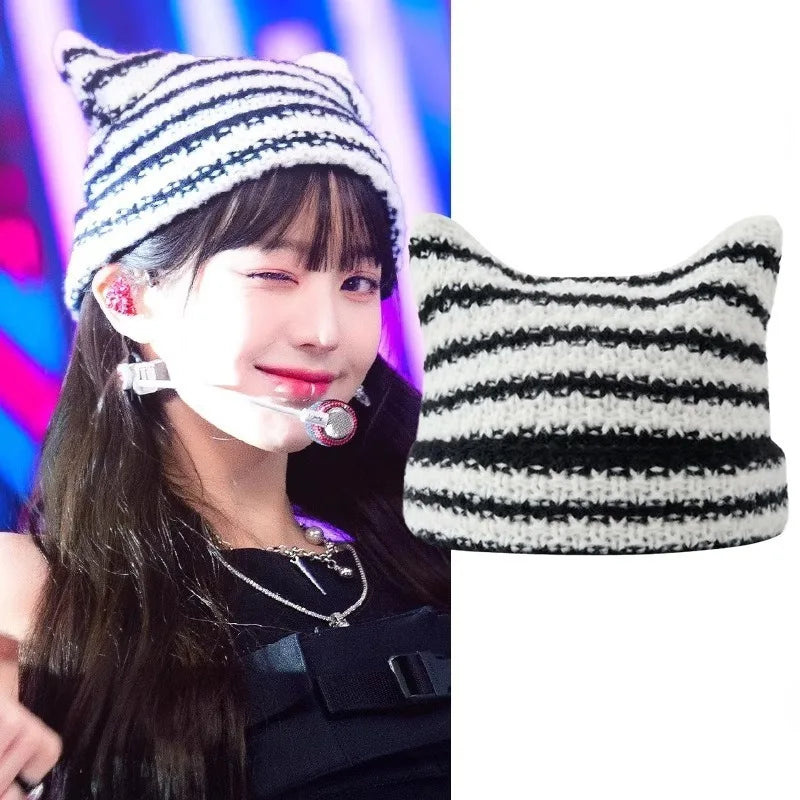 Harajuku Cat Ear Beanie – Japanese Streetwear Striped Knit Hat for Women
