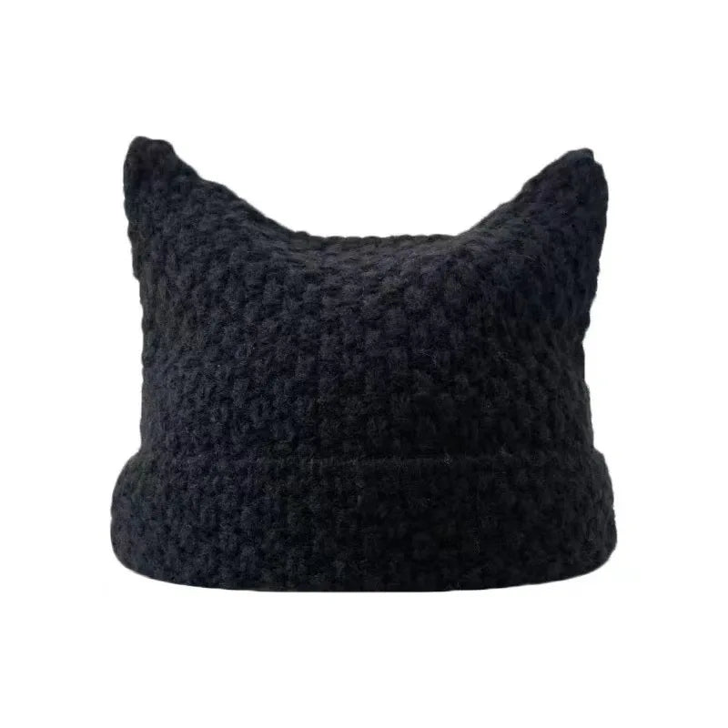 Harajuku Cat Ear Beanie – Japanese Streetwear Striped Knit Hat for Women