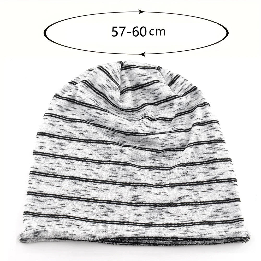 Striped Slouch Beanie – Polyester Viscose Knit Slouchy Hat for Men & Women