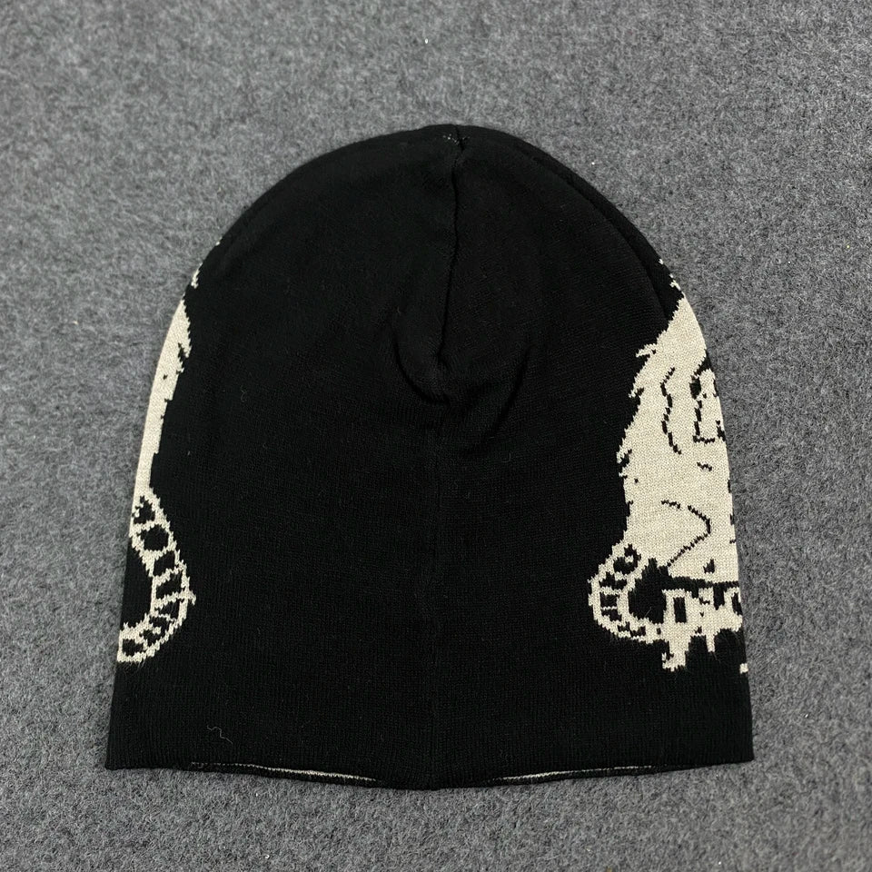 Gothic Dragon Print Beanie – Black Y2K Punk Streetwear Knit Hat
